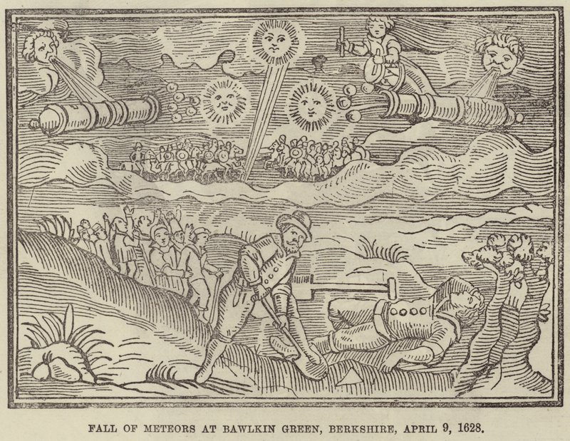 Meteoritenfall in Bawlkin Green, Berkshire, 9. April 1628 von English School