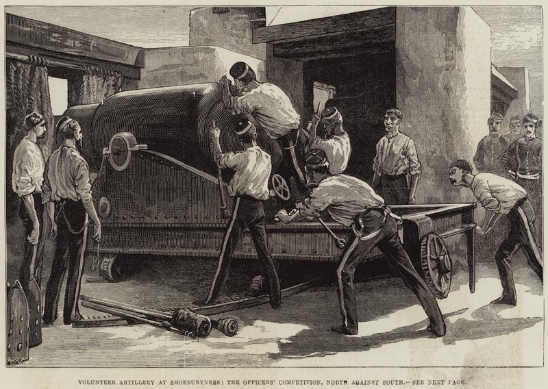 Freiwillige Artillerie in Shoeburyness, der Wettbewerb der Offiziere, Norden gegen Süden von English School