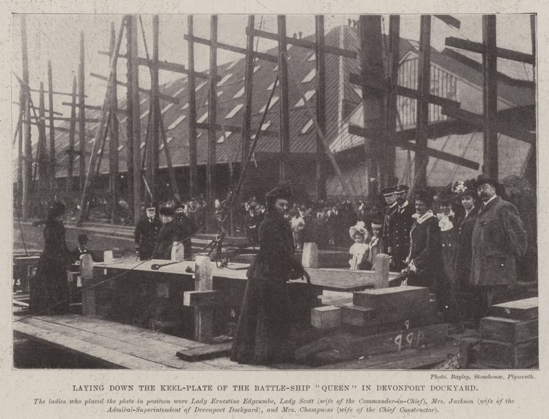 Das Verlegen der Kielplatte des Schlachtschiffs Queen in der Werft von Devonport von English Photographer