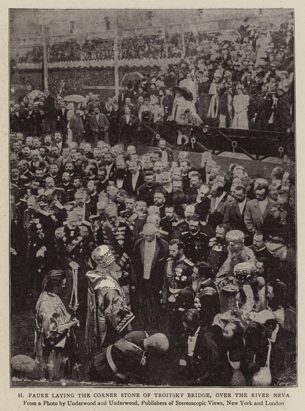 M. Faure legt den Grundstein der Troitsky-Brücke über den Fluss Newa von English Photographer