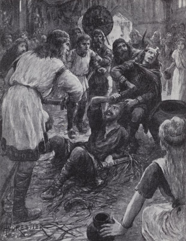 Mord an König Edmund I. während der St.-Augustinus-Messe in Pucklechurch, Gloucestershire, 946 von English Photographer