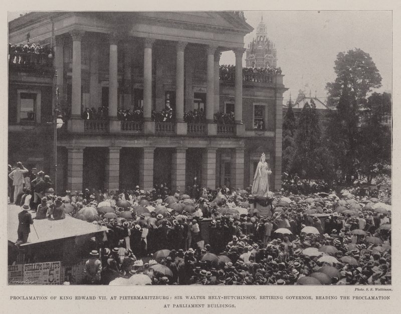 Proklamation von König Edward VII in Pietermaritzburg, Sir Walter Hely-Hutchinson, scheidender Gouverneur, liest die Proklamation im Parlamentsgebäude von English Photographer