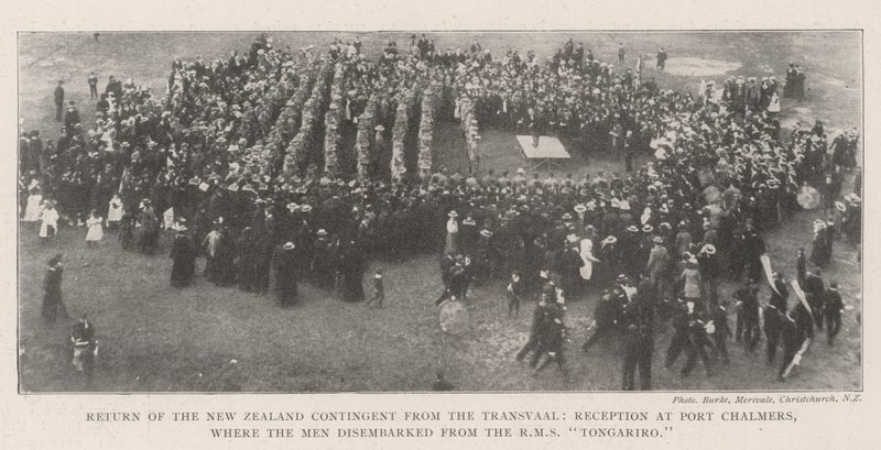 Rückkehr des neuseeländischen Kontingents aus dem Transvaal, Empfang in Port Chalmers, wo die Männer von der RMS Tongariro an Land gingen von English Photographer