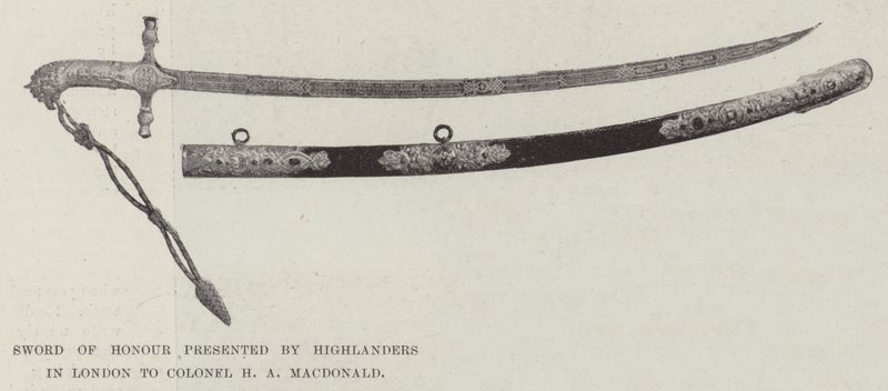Ehren-Schwert, präsentiert von Highlandern in London an Oberst H. A. MacDonald von English Photographer