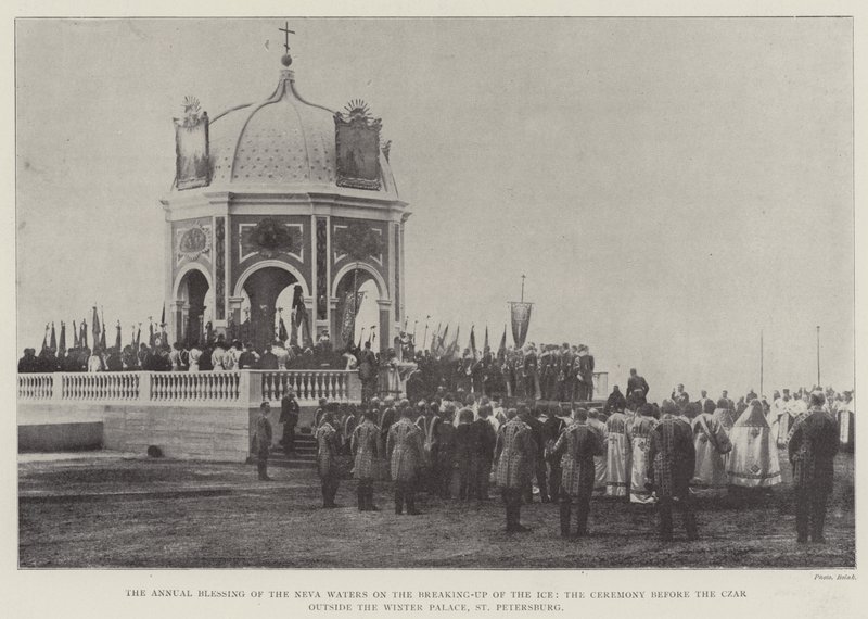 Der jährliche Segen der Neva-Wasser beim Aufbrechen des Eises, die Zeremonie vor dem Zaren außerhalb des Winterpalastes, St. Petersburg von English Photographer