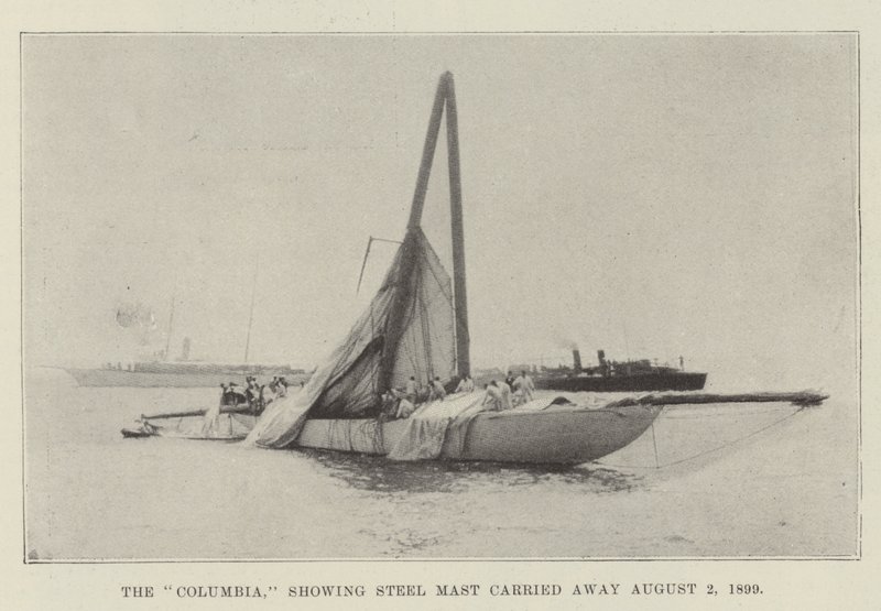 Die Columbia, zeigt den abgebrochenen Stahlmast am 2. August 1899 von English Photographer