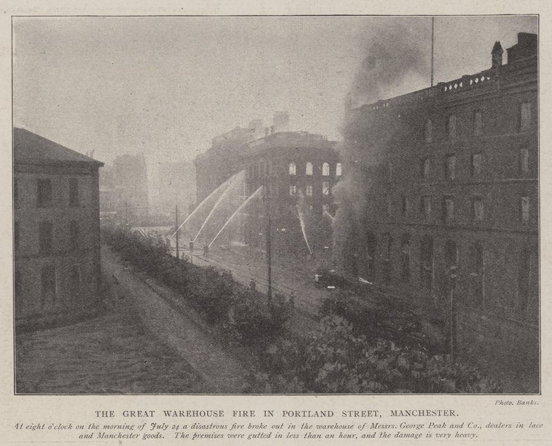 Das große Lagerhausfeuer in der Portland Street, Manchester von English Photographer