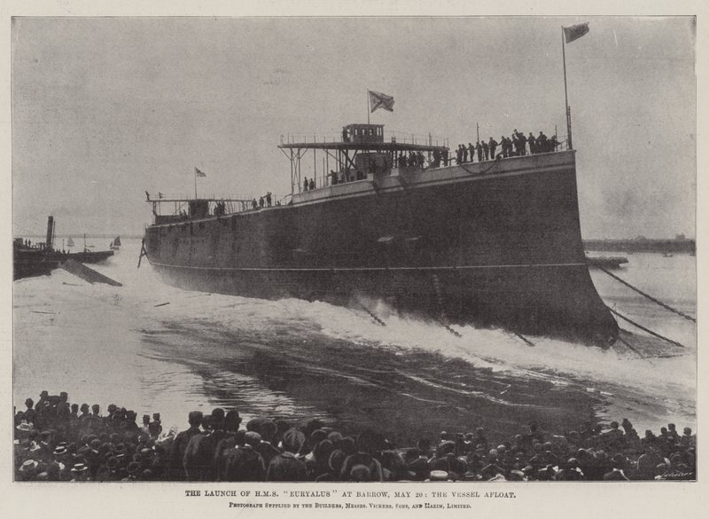 Der Stapellauf der HMS Euryalus in Barrow, 20. Mai, das Schiff schwimmt von English Photographer