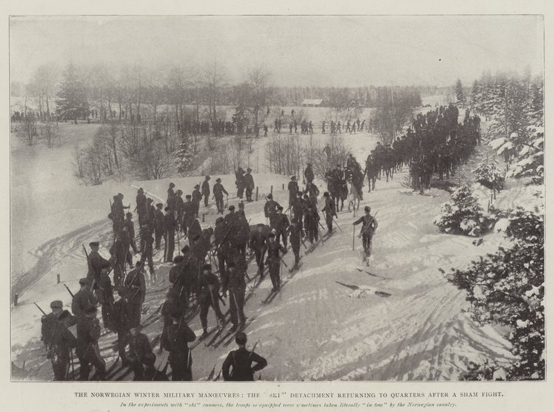 Die norwegischen Wintermilitärmanöver, die Skieinheit kehrt nach einem Scheingefecht in die Quartiere zurück von English Photographer