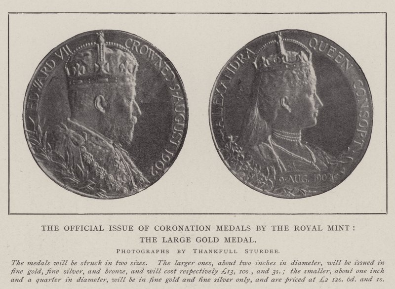 Die offizielle Ausgabe der Krönungsmedaillen durch die königliche Münze, die große Goldmedaille von English Photographer