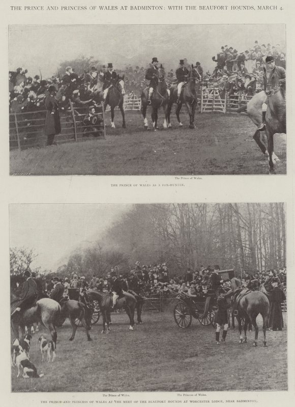 Der Prinz und die Prinzessin von Wales in Badminton, mit den Beaufort-Hunden, 4. März von English Photographer