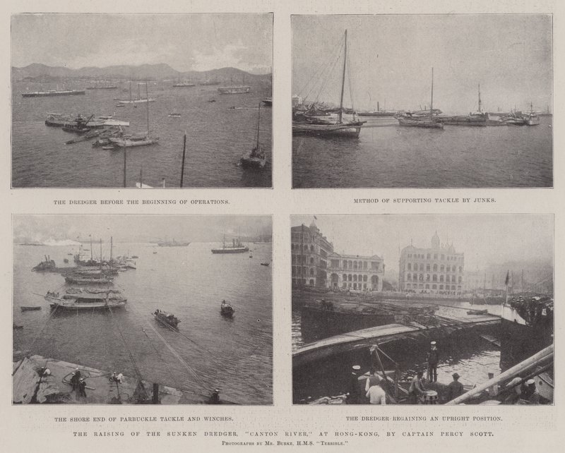 Das Heben des gesunkenen Baggers, Canton River, in Hongkong, durch Kapitän Percy Scott von English Photographer