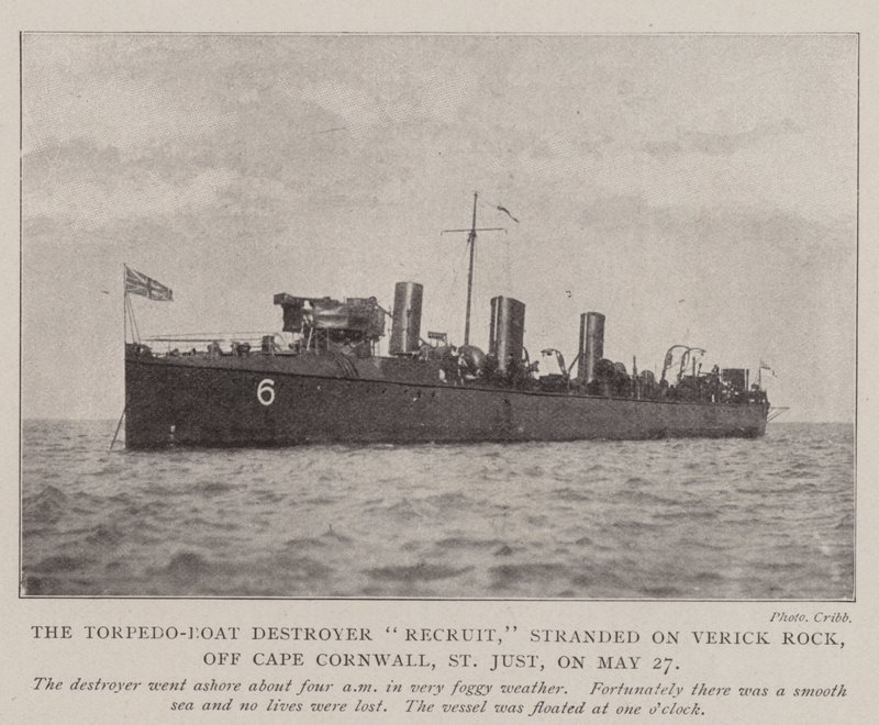 Der Torpedoboot-Zerstörer Recruit, gestrandet auf dem Verick-Felsen vor Kap Cornwall, St. Just, am 27. Mai von English Photographer