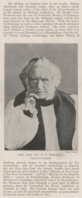 Der verstorbene Dr. B. F. Westcott, Bischof von Durham von English Photographer