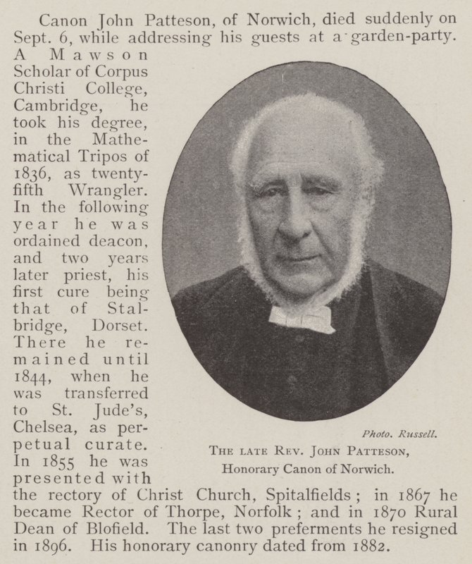 Der verstorbene Reverend John Patteson, Ehrenkanoniker von Norwich von English Photographer