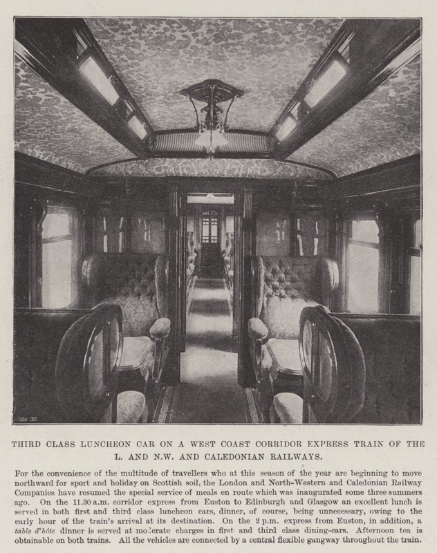 Dritte Klasse Speisewagen in einem Westküsten-Korridor-Expresszug der L und NW und Caledonian Railways von English Photographer