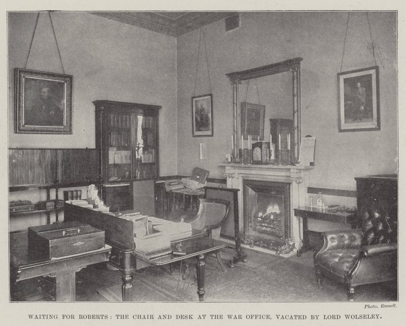 Warten auf Roberts, der Stuhl und Schreibtisch im Kriegsministerium, von Lord Wolseley geräumt von English Photographer