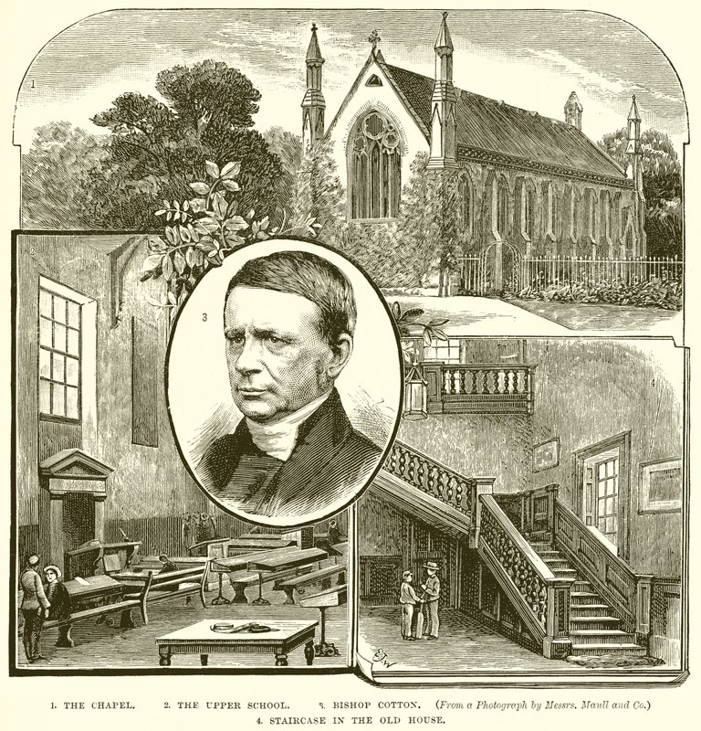 1. Die Kapelle. 2. Die Oberschule. 3. Bischof Cotton. 4. Treppe im alten Haus von English School