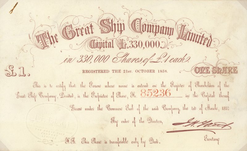 Eine £1-Aktie, ausgegeben von The Great Ship Company Limited von English School