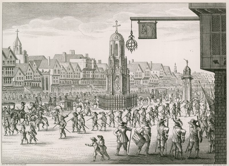 Eine nordöstliche Ansicht von Cheapside mit dem Kreuz und der Wasserleitung von English School