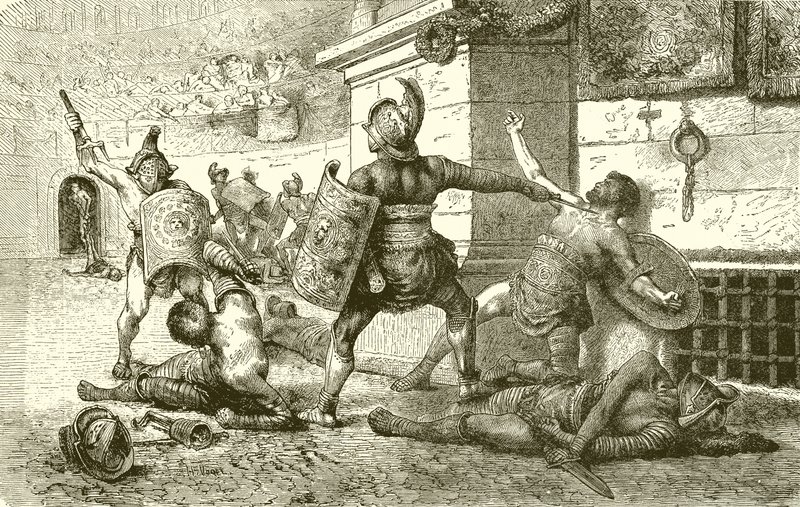 Ein römischer Feiertag. Kampf der Gladiatoren. Der Besiegte appelliert an die Zuschauer von English School