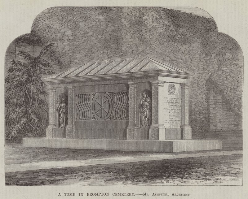 Ein Grab in Brompton Cemetery, Mr. Ashpitel, Architekt (Gravur) von English School