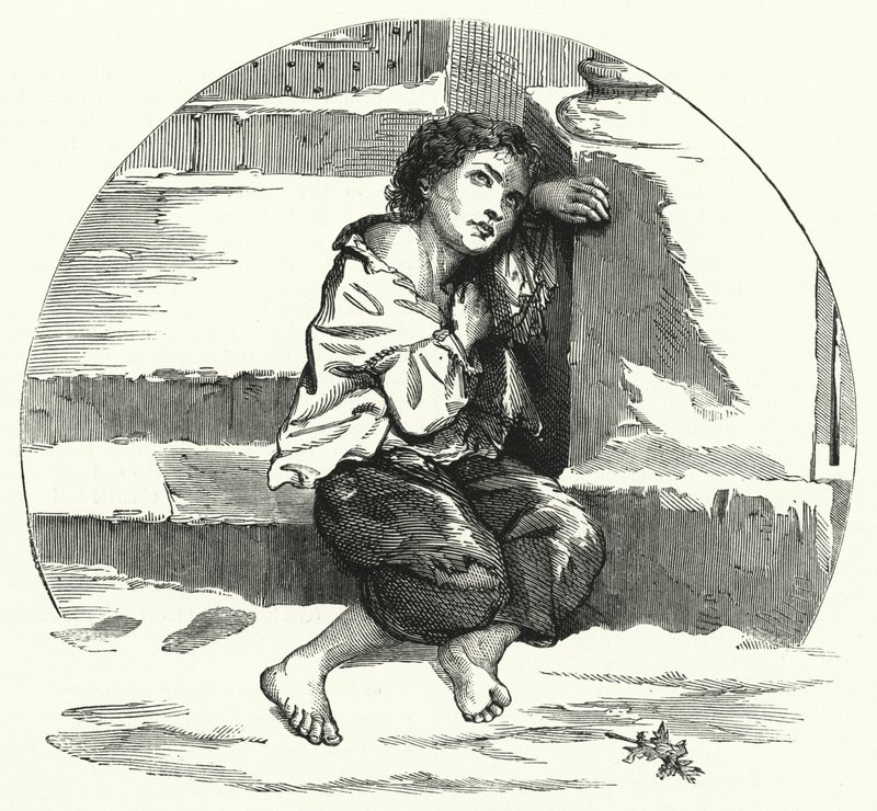 Ein Junge bettelt im Schnee (Lithografie) von English School