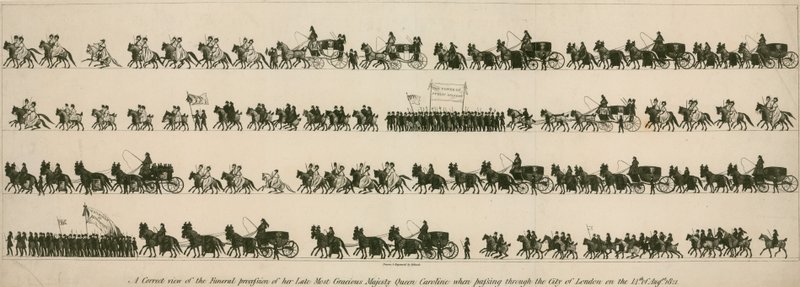 Korrekte Ansicht des Trauerzugs Ihrer verstorbenen Majestät Königin Caroline, als sie am 14. August 1821 durch die Stadt London zog von English School