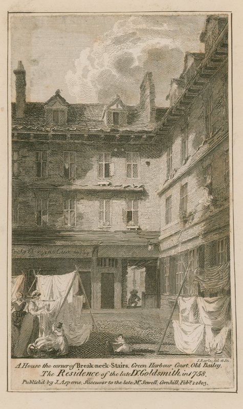 Ein Haus an der Ecke der Breakneck Stairs, Green Harbour Court, Old Bailey, London von English School