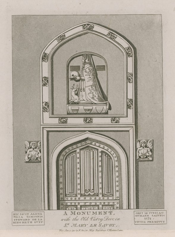 Ein Denkmal mit der alten Sakristeitür in St. Mary le Savoy von English School