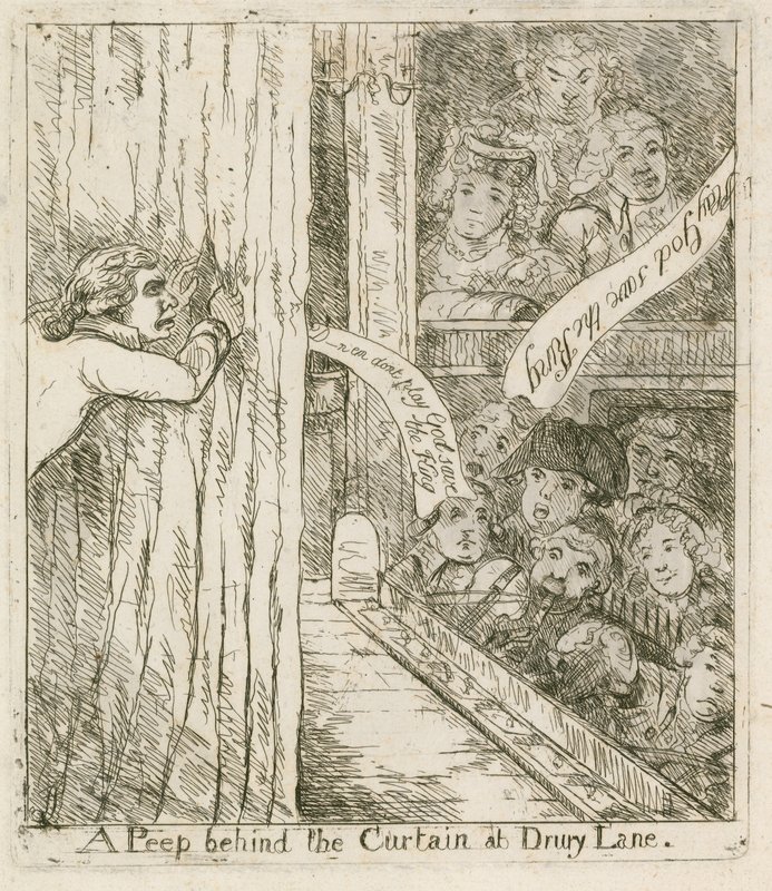 Ein Blick hinter den Vorhang im Drury Lane; Karikatur von English School