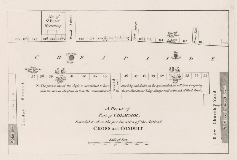Ein Plan von Cheapside, London, der die genauen Standorte des alten ...