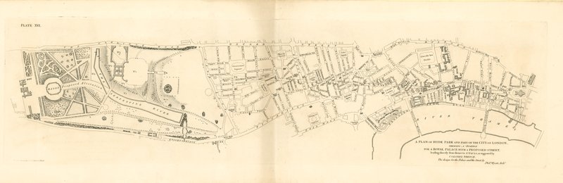Ein Plan des Hyde Parks und eines Teils der City of London, der eine Position für einen Königspalast zeigt von English School