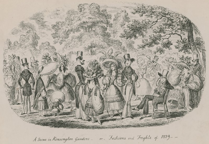 Eine Szene in den Kensington Gardens oder Moden und Schrecken von 1829 von English School