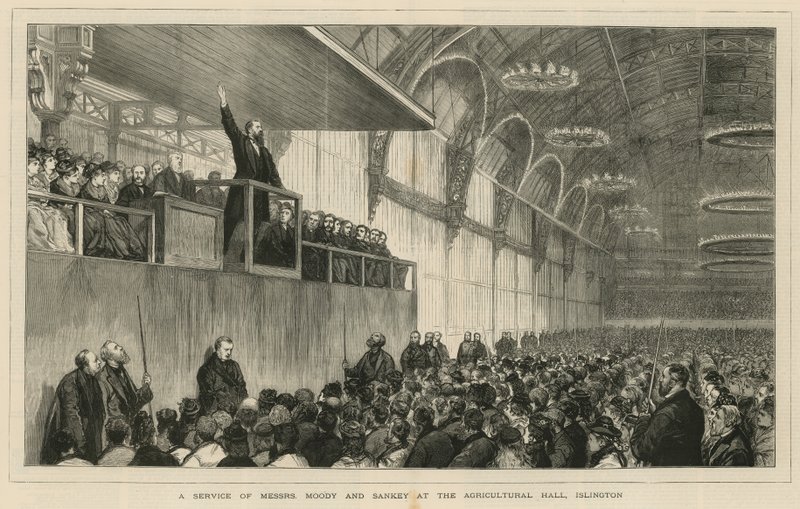 Ein Gottesdienst von Messrs Moody und Sankey in der Agricultural Hall, Islington von English School