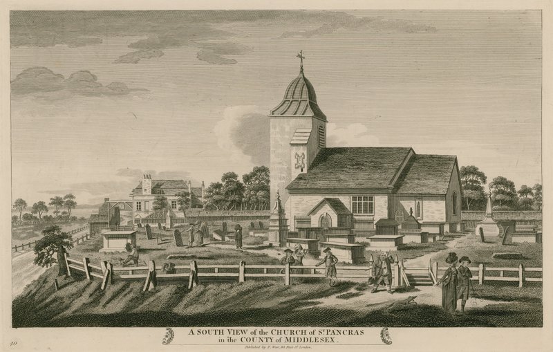 Südansicht der Kirche von St. Pancras, London, im Bezirk Middlesex von English School