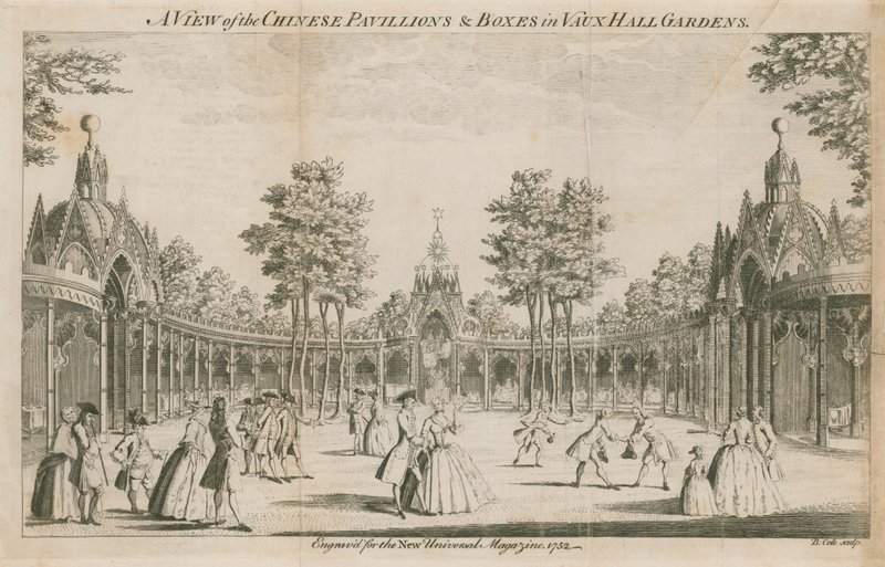 Eine Ansicht der chinesischen Pavillons und Boxen in den Vauxhall-Gärten, London von English School