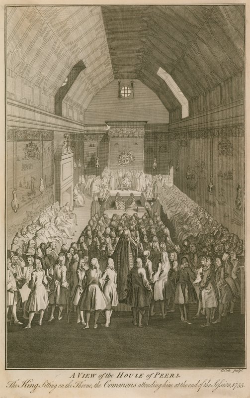 Eine Ansicht des House of Peers, der König sitzt auf dem Thron von English School