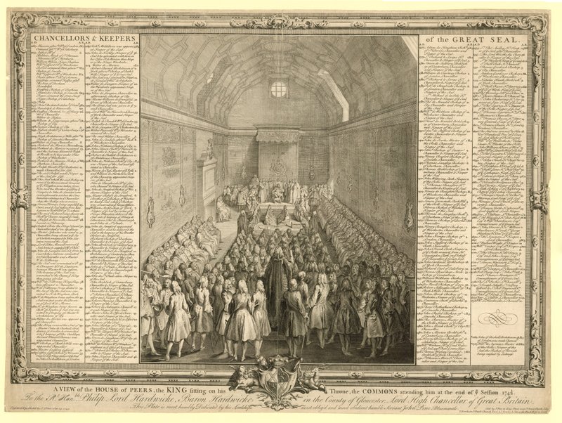 Eine Ansicht des House of Peers, der König sitzt auf seinem Thron, die Commons besuchen ihn am Ende der Sitzung 17412 von English School