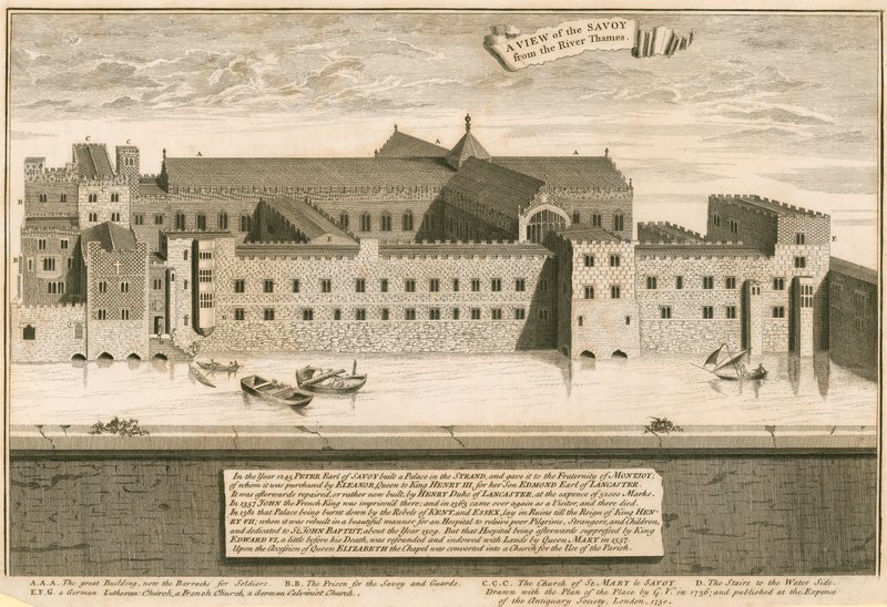 Ansicht des Savoy, London, von der Themse von English School