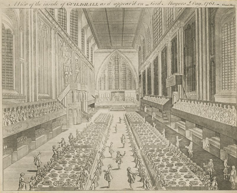 Ein Blick ins Innere der Guildhall, wie sie am Lord Mayors Day, 1761 erschien von English School