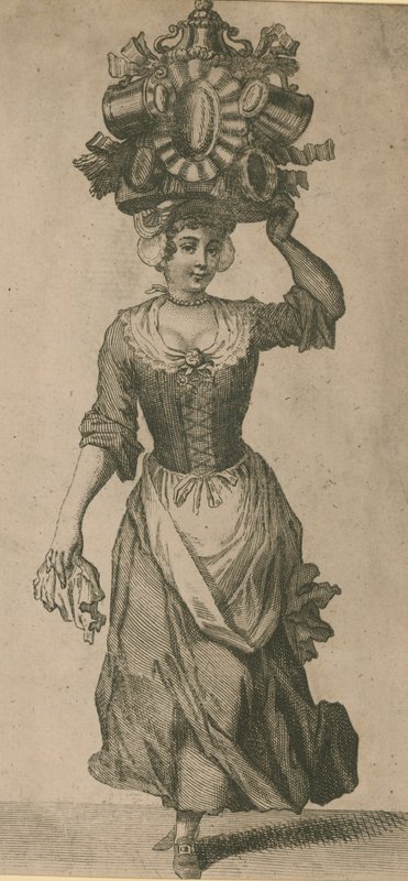 Eine Frau, die verschiedene Metallgegenstände auf dem Kopf trägt von English School