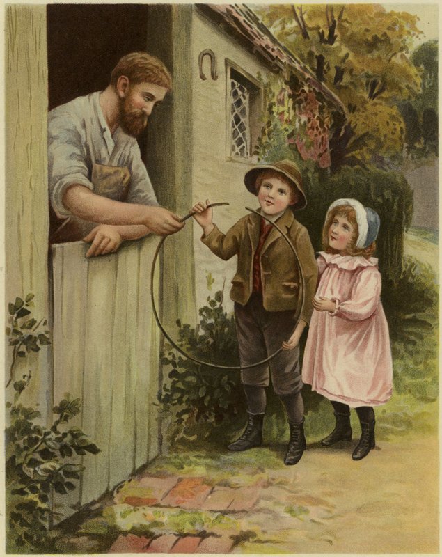 Ein Junge und ein Mädchen geben einen kaputten Reifen einem Schmied zur Reparatur von English School