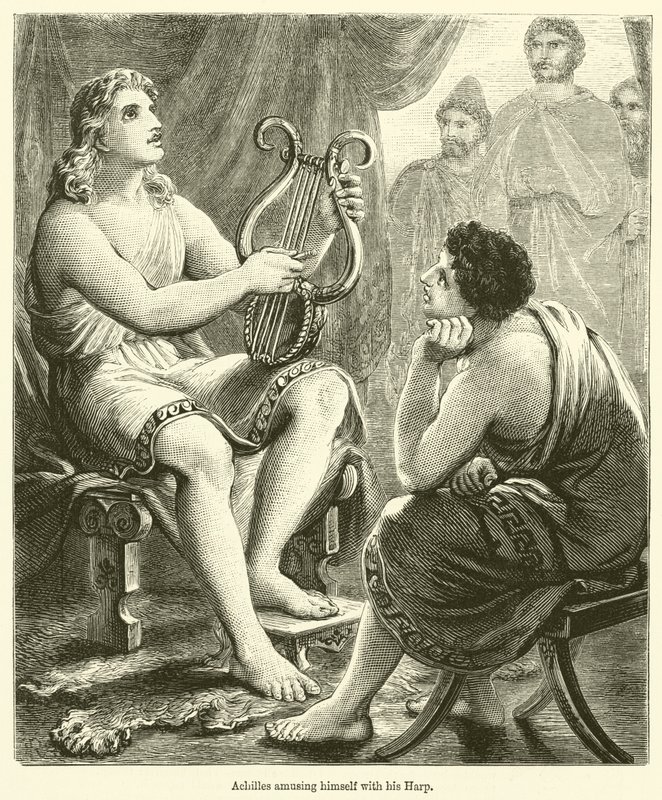 Achilles vergnügt sich mit seiner Harfe (Gravur) von English School