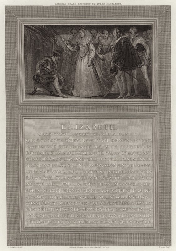 Admiral Drake von Königin Elizabeth zum Ritter geschlagen von English School