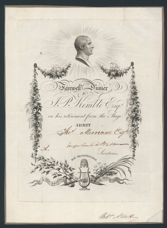 Eintrittskarte zum Abendessen zur Feier von John Kembles Abschied von der Bühne, 1819 von English School
