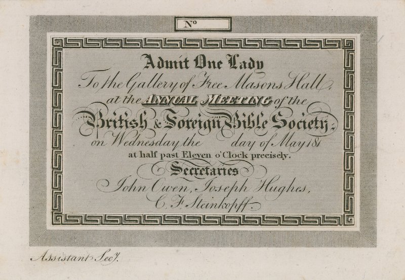 Eintrittskarte für die jährliche Versammlung der Foreign Bible Society in der Freemasons Hall von English School
