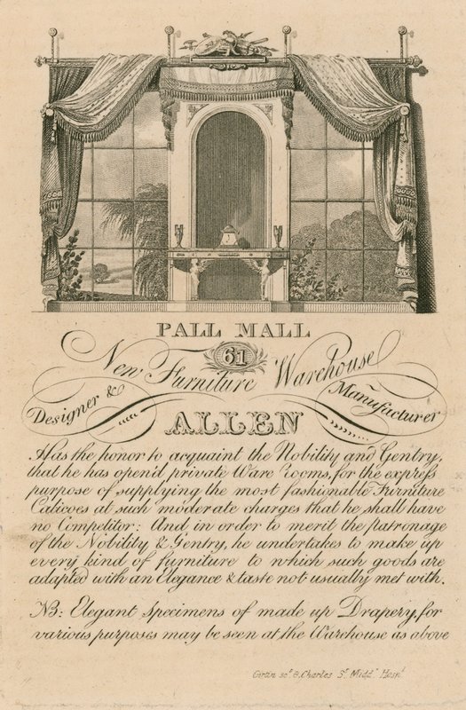Werbung für Allens neues Möbelhaus, 61 Pall Mall, London von English School