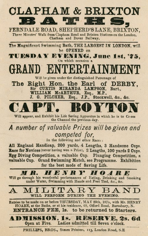 Werbung für Clapham und Brixton Baths, Ferndale Road, Shepherds Lane, Brixton, London; mit Captain Boyton von English School