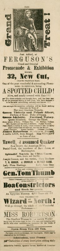 Werbung für Fergusons Grand und Oriental Promenade und Ausstellung, 32 New Cut, Lambeth, London von English School